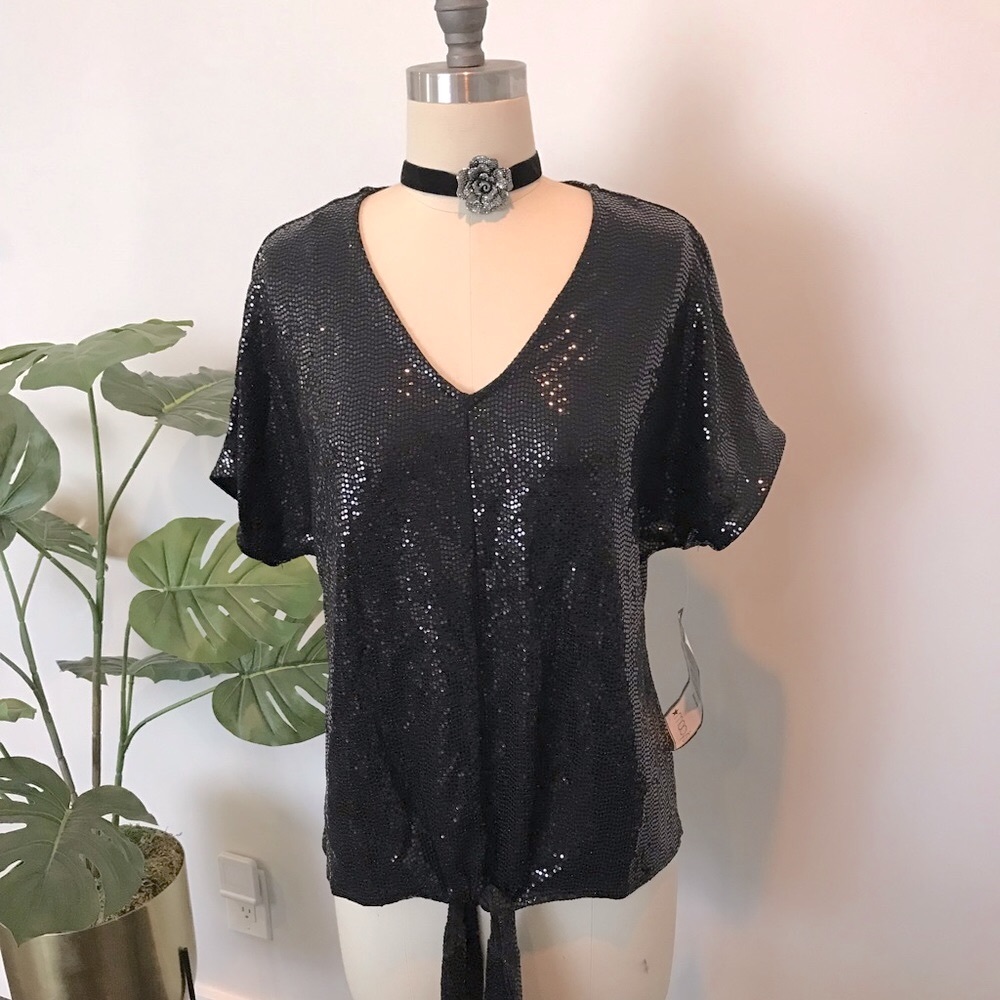 MSK V neck sequin front tie top